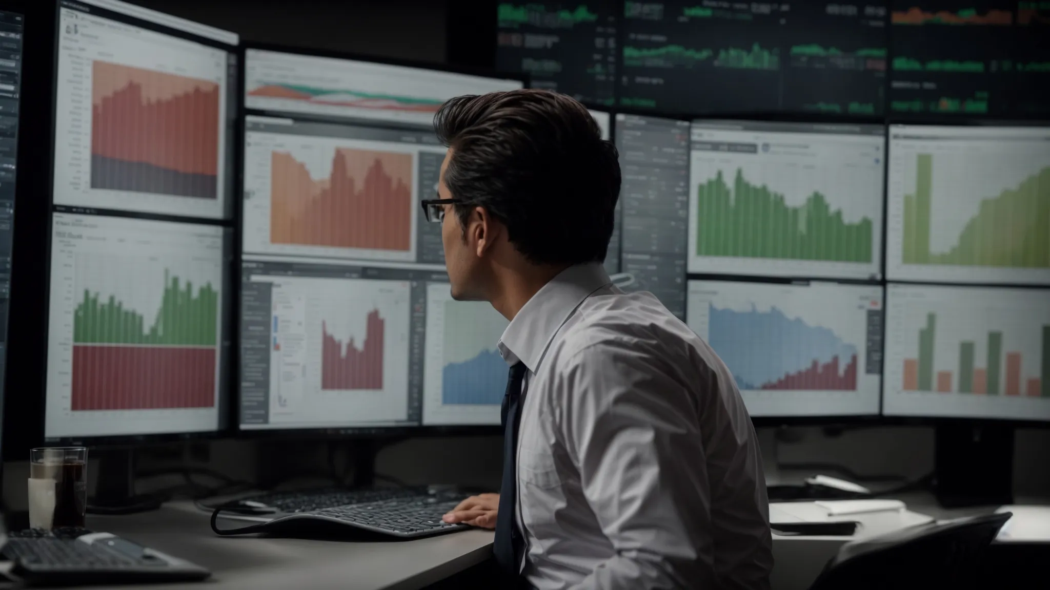 a business professional reviews a series of financial charts and graphs on a computer screen. 