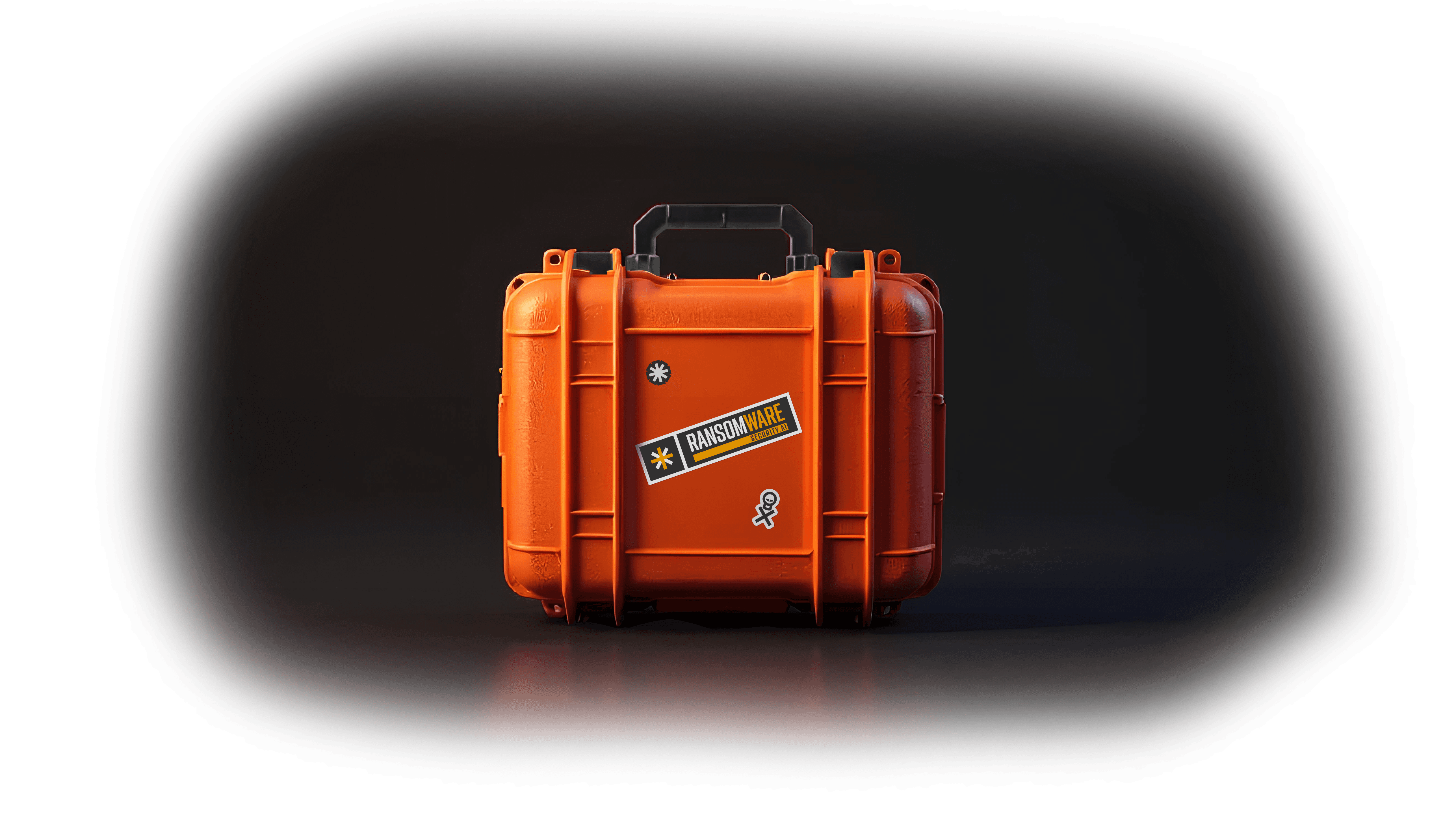 A secure orange case with a sticker that reads, 'RansomCare'