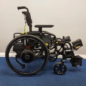 Side view of SD Motion Drive wheelchair with black wheels