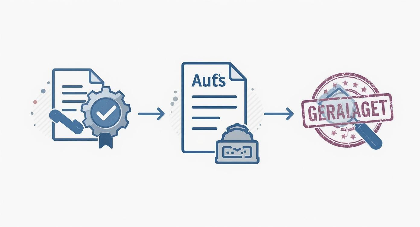 Schema des Antragsverfahrens mit Dokumentenprüfung, Zeitstempel und abschließender Genehmigung.