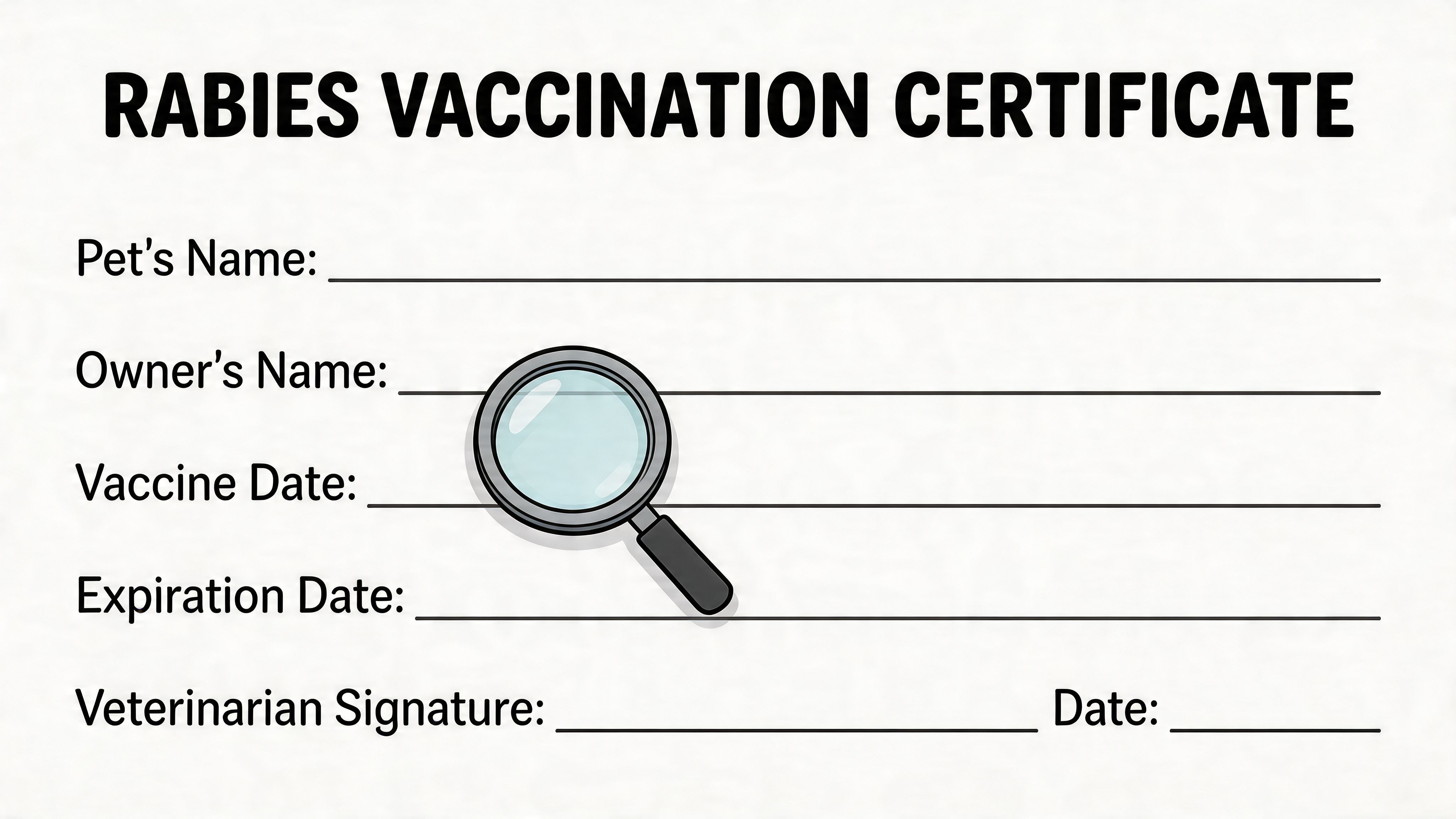 A blank rabies vaccination certificate form with fields for pet name, owner, and important dates.