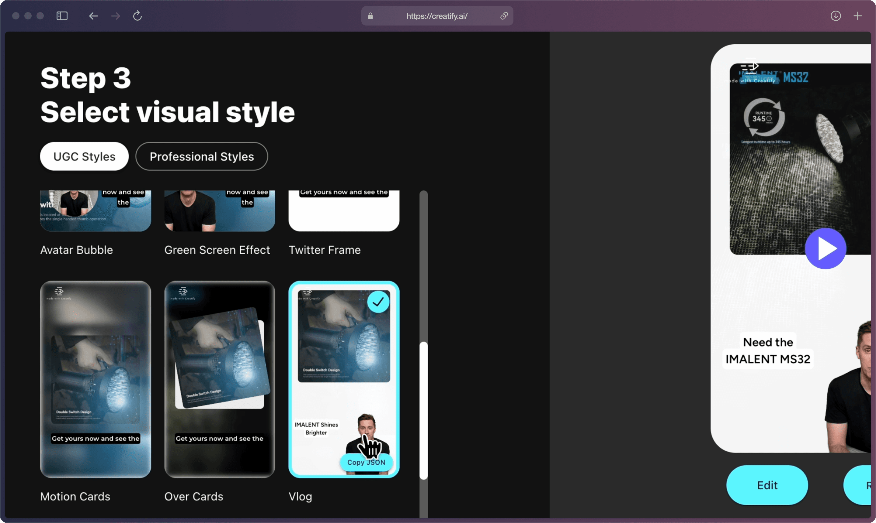 A screenshot of Creatify AI app on the “Choose a style” page showing several visual styles in brackets on the left, and a large preview on the right with play button.