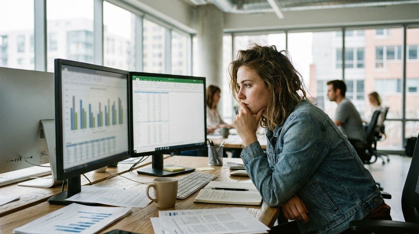 Young marketer at modern office desk reviewing email and SMS campaign performance metrics