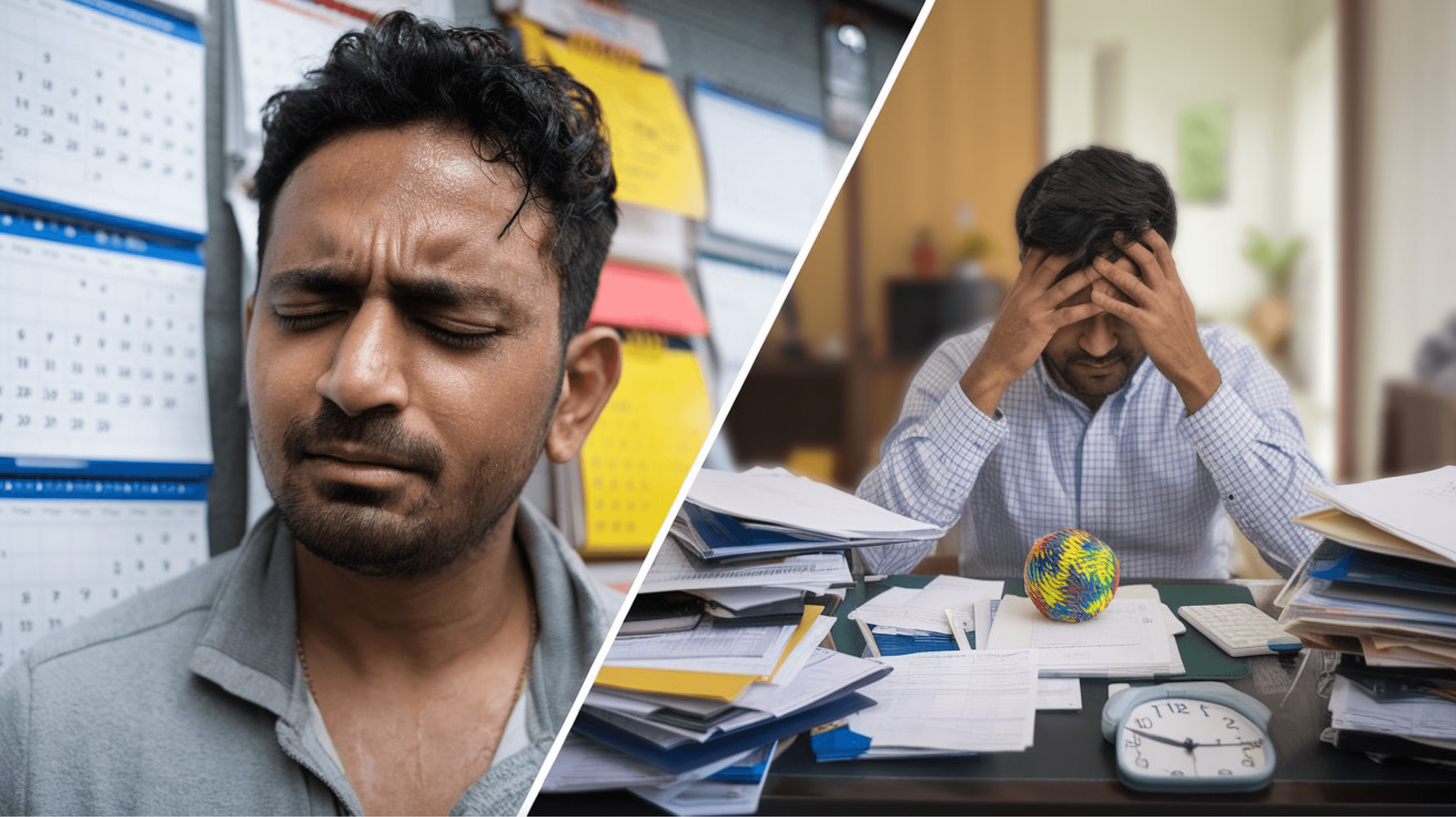 Man looking stressed with a background of calendars and papers, representing work-related stress and mental fatigue.