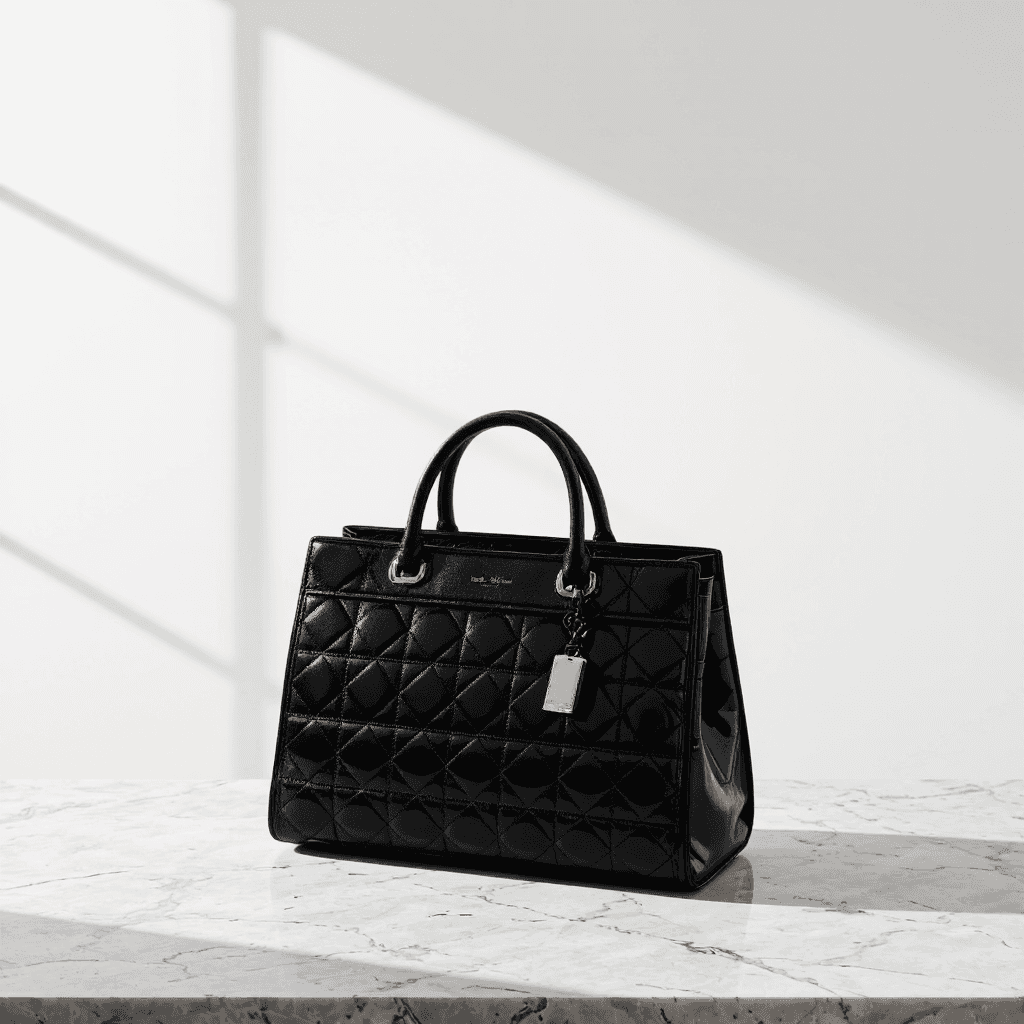 product photography of a handbag made of shiny black leather with a quilted design