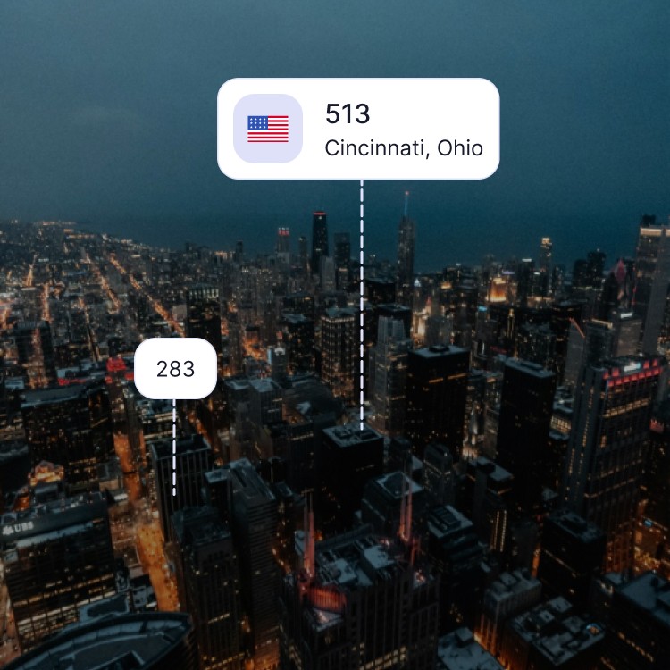 City skyline of Cincinnati showing the 513 area code and surrounding area codes
