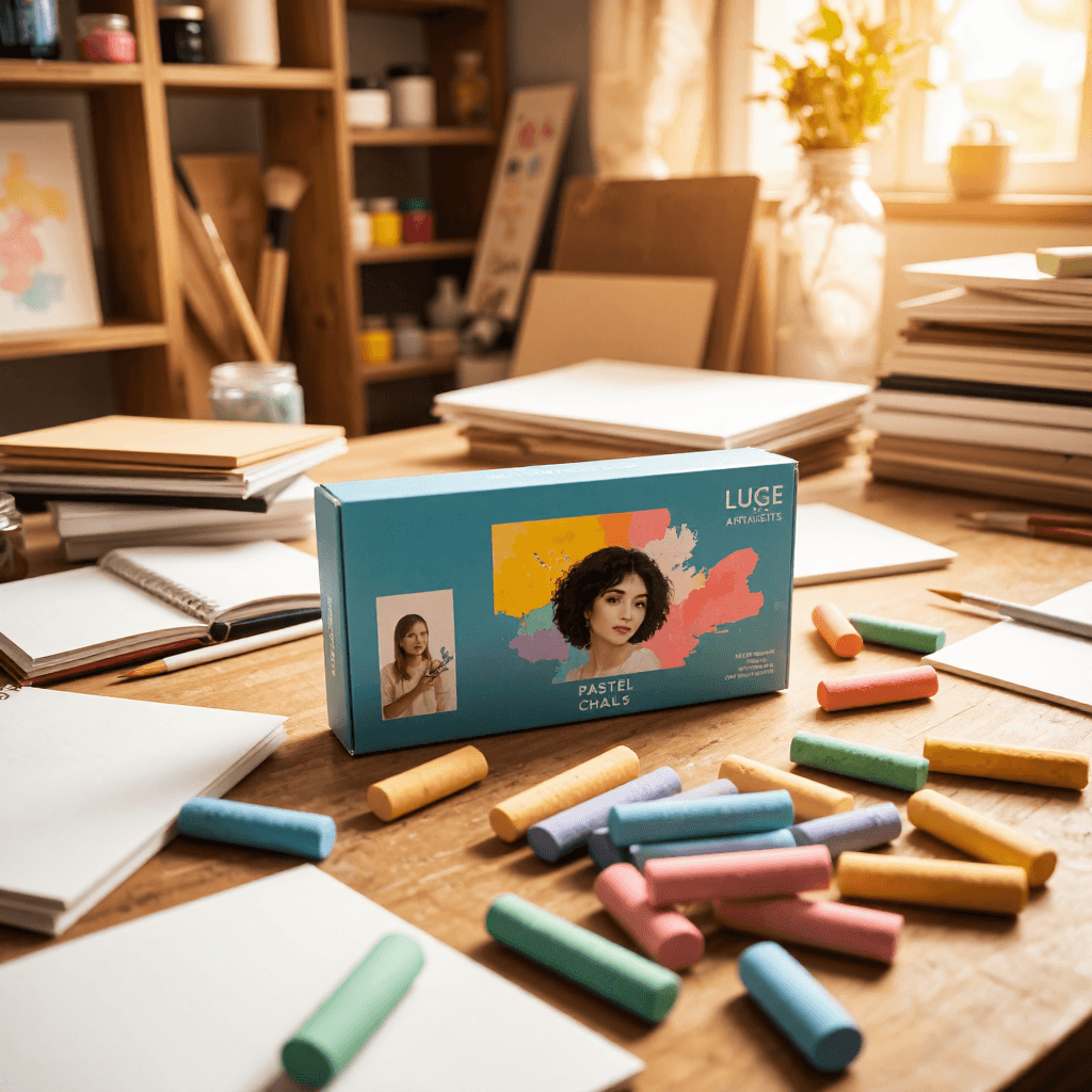 product photography of box of pastel chalks