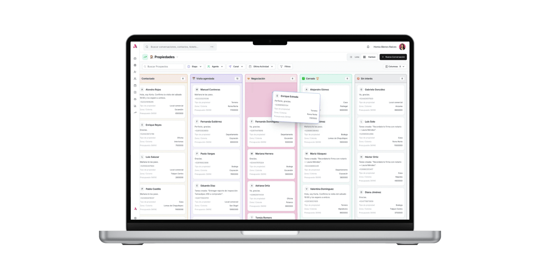CRM interface on laptop displaying WhatsApp chat integration with IA features.
