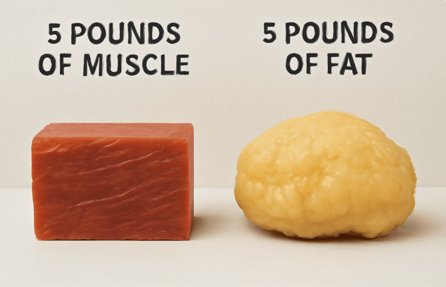 A side-by-side comparison of 5 pounds of muscle tissue (on the left) and 5 pounds of fat tissue (on the right). The muscle is a dense, reddish-brown cube, while the fat is a larger, lumpy, yellowish mass.