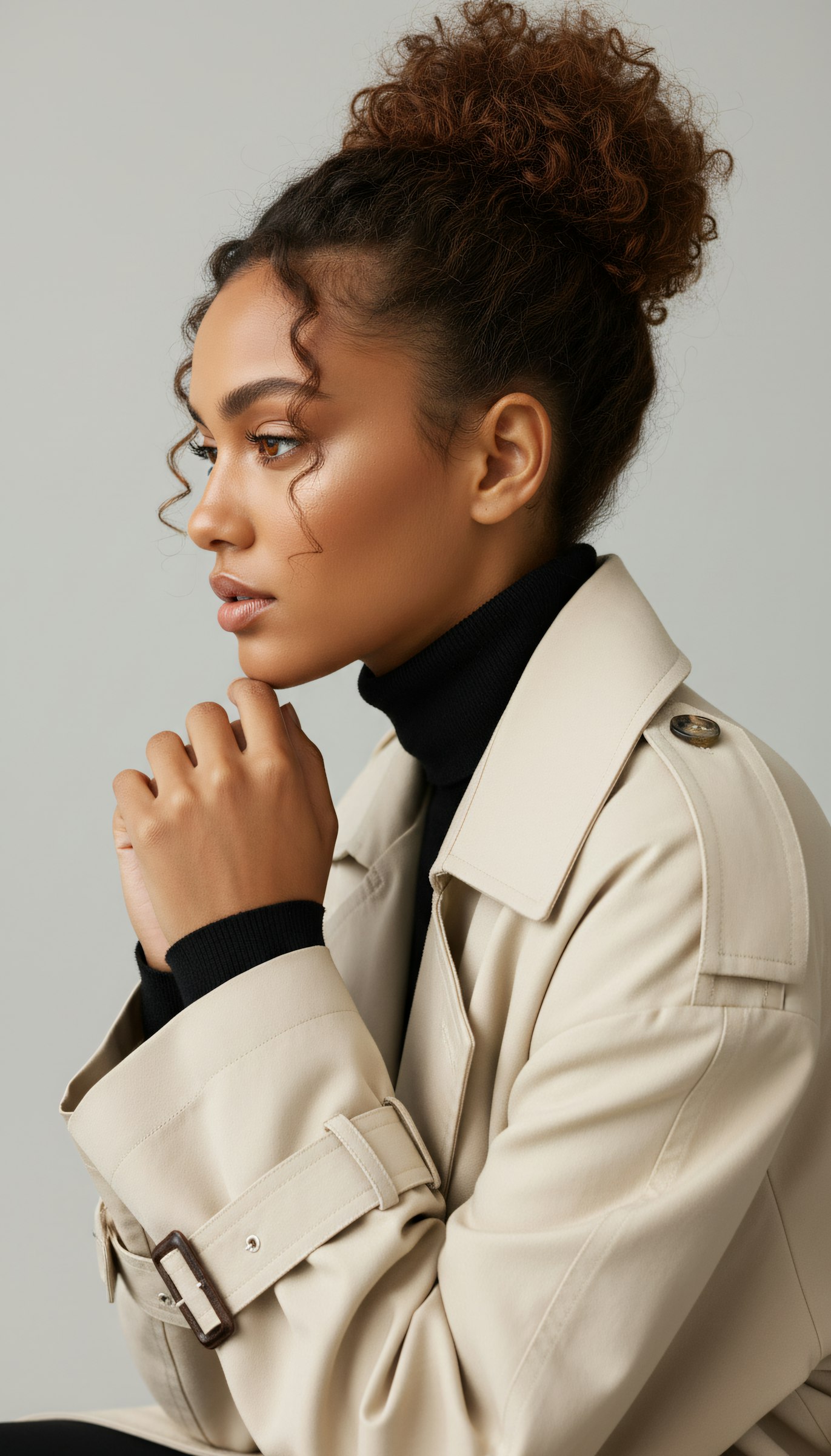 A woman in a beige trench coat and black turtleneck gazes thoughtfully, her curly hair styled in a bun against a neutral background.