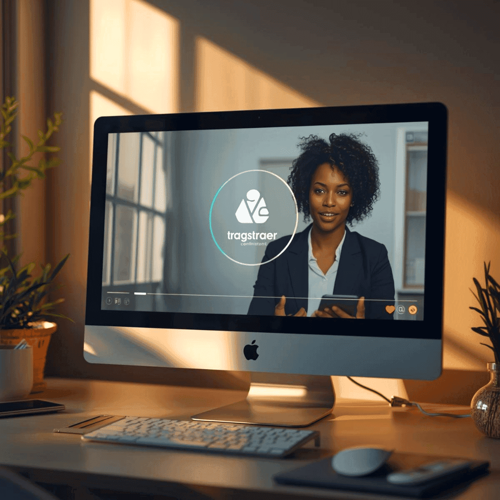 Monitor de computadora iMac reproduciendo un video corporativo o webinar con una presentadora, destacando la integración de branding y diseño gráfico en pantalla.