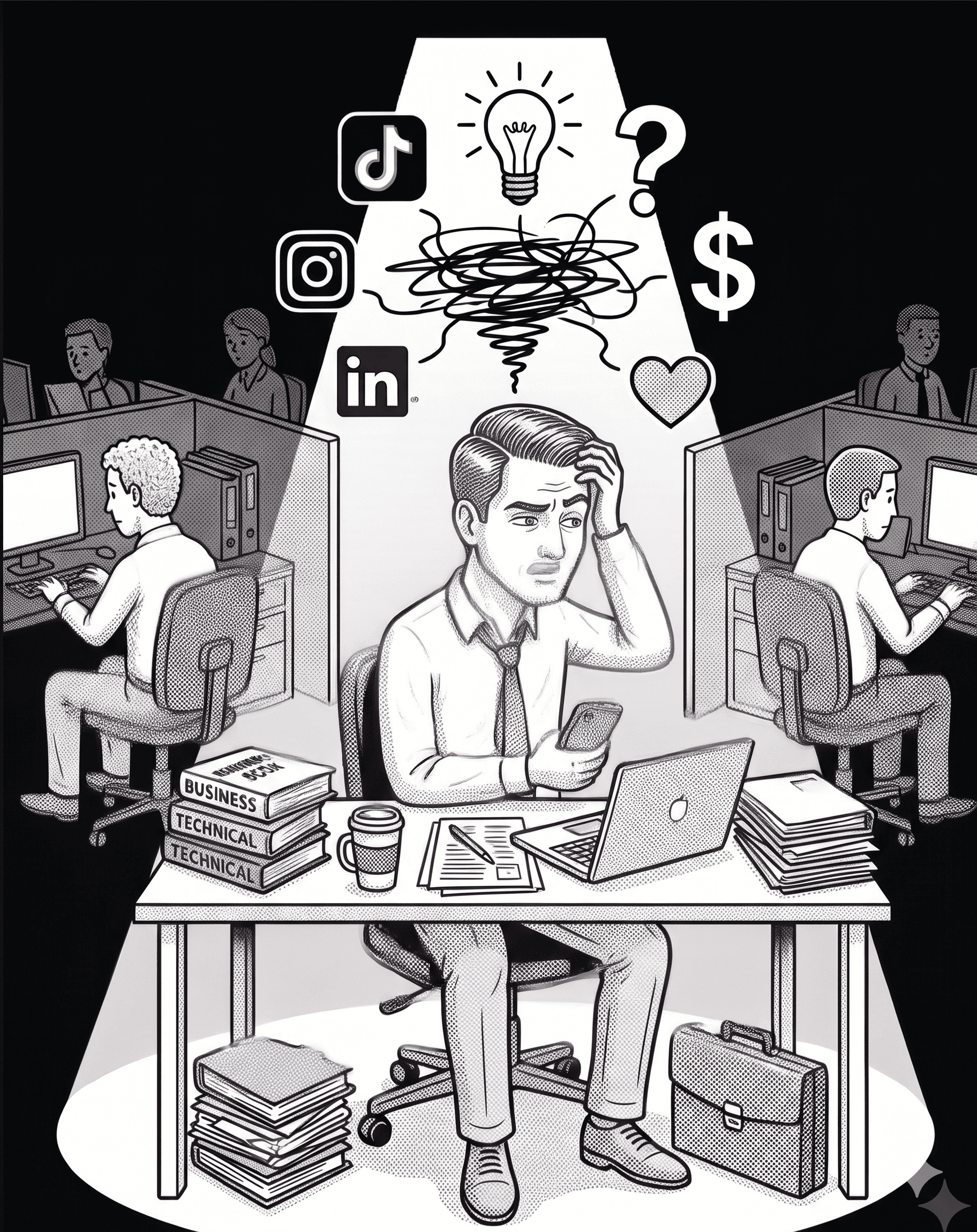 Imagem de uma ilustração em preto e branco demonstrando uma pessoa que não consegue focar nas coisas que precisa fazer