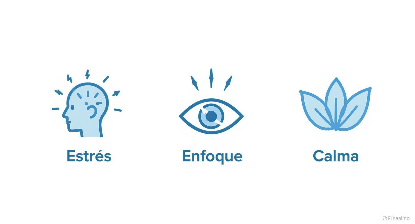 Tres iconos representando prácticas de mindfulness: estrés mental, enfoque visual y calma con hojas naturales
