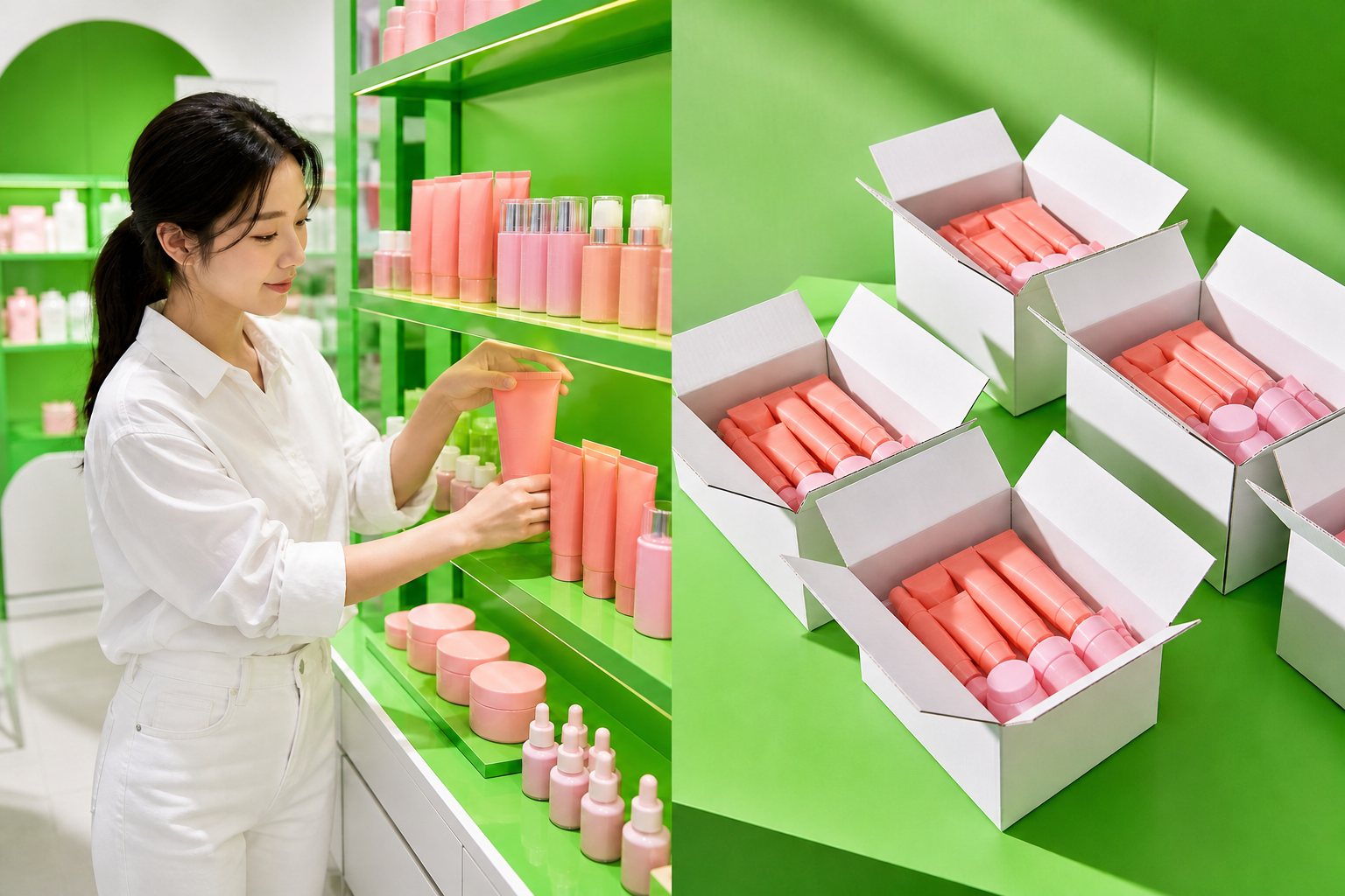 A woman shelving coral products on a green fixture while the same products sit in open white shipping cartons