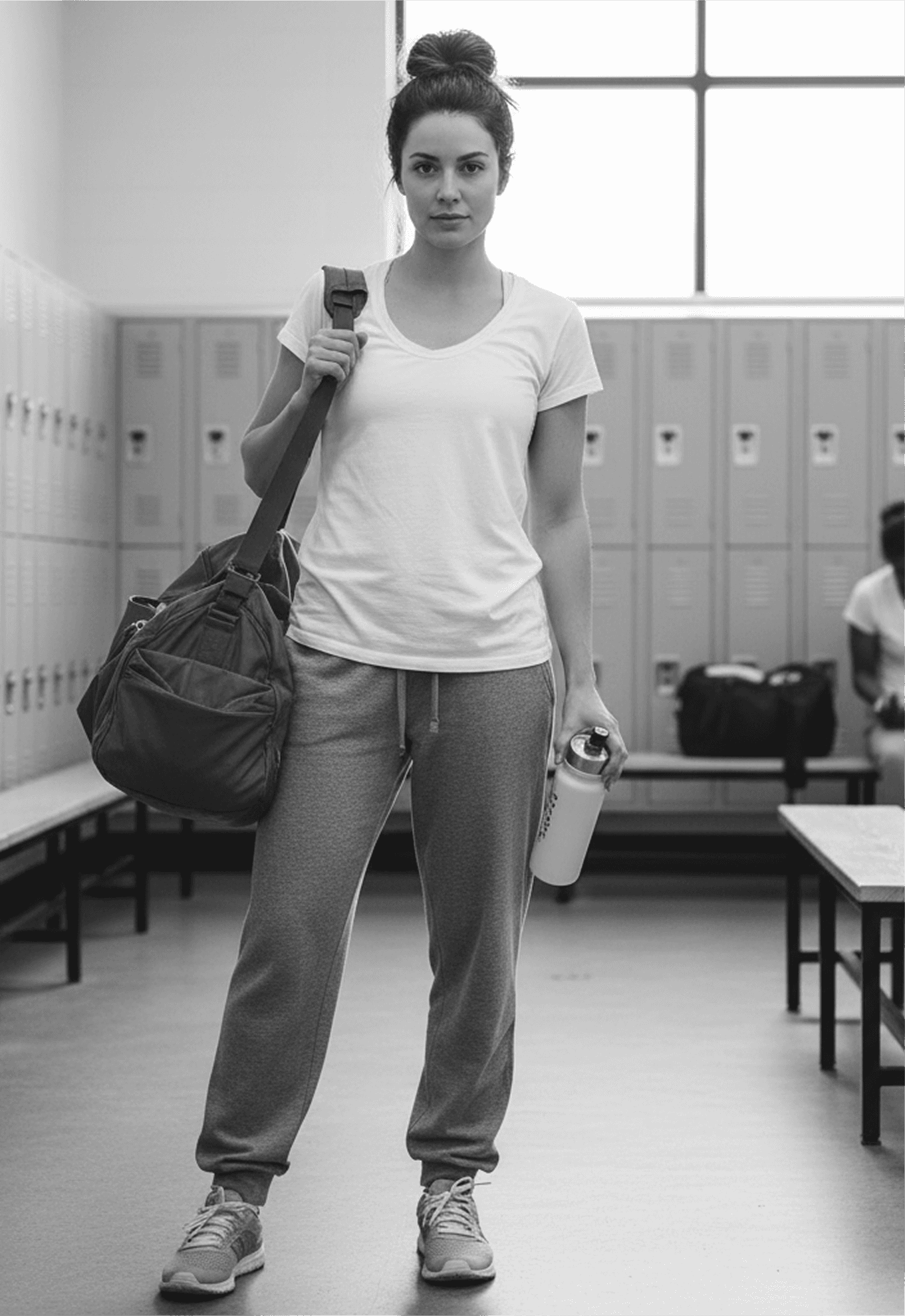 Woman standing in a locker room with a gym bag and water bottle before starting her fitness program.
