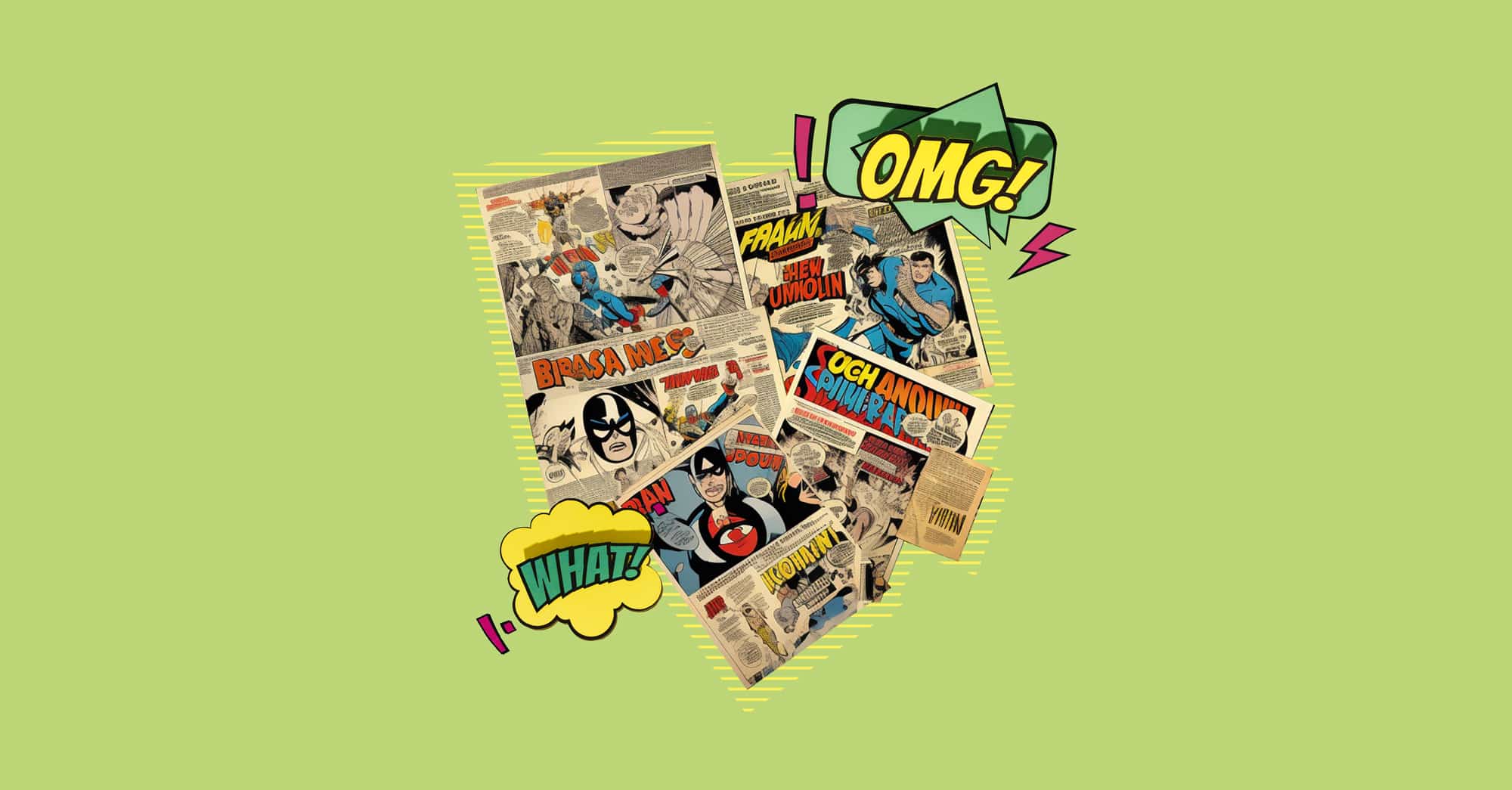 Collage de cómics retro con texto en viñetas "OMG" y "WHAT" en fondo verde.