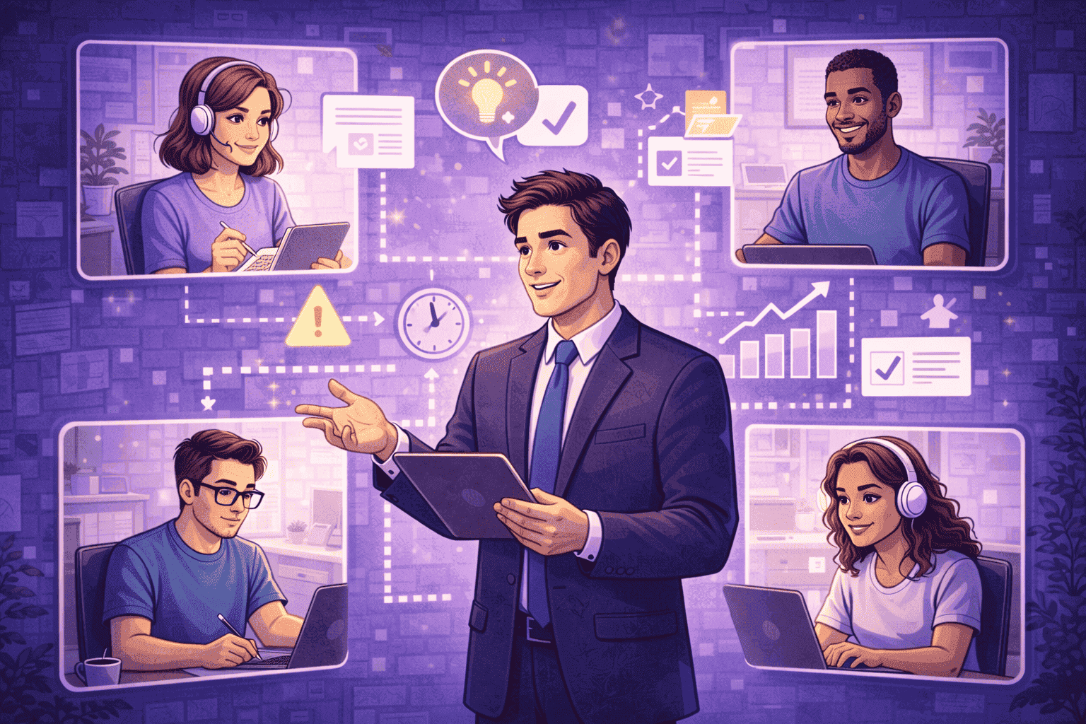 Leader coordinating coaching across a remote team, using visual performance signals to support alignment, feedback, and balanced workloads