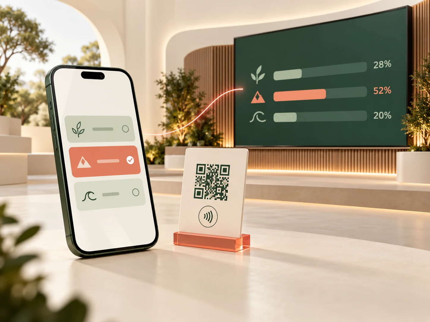 Teléfono con votación, acceso por QR y NFC y pantalla de resultados