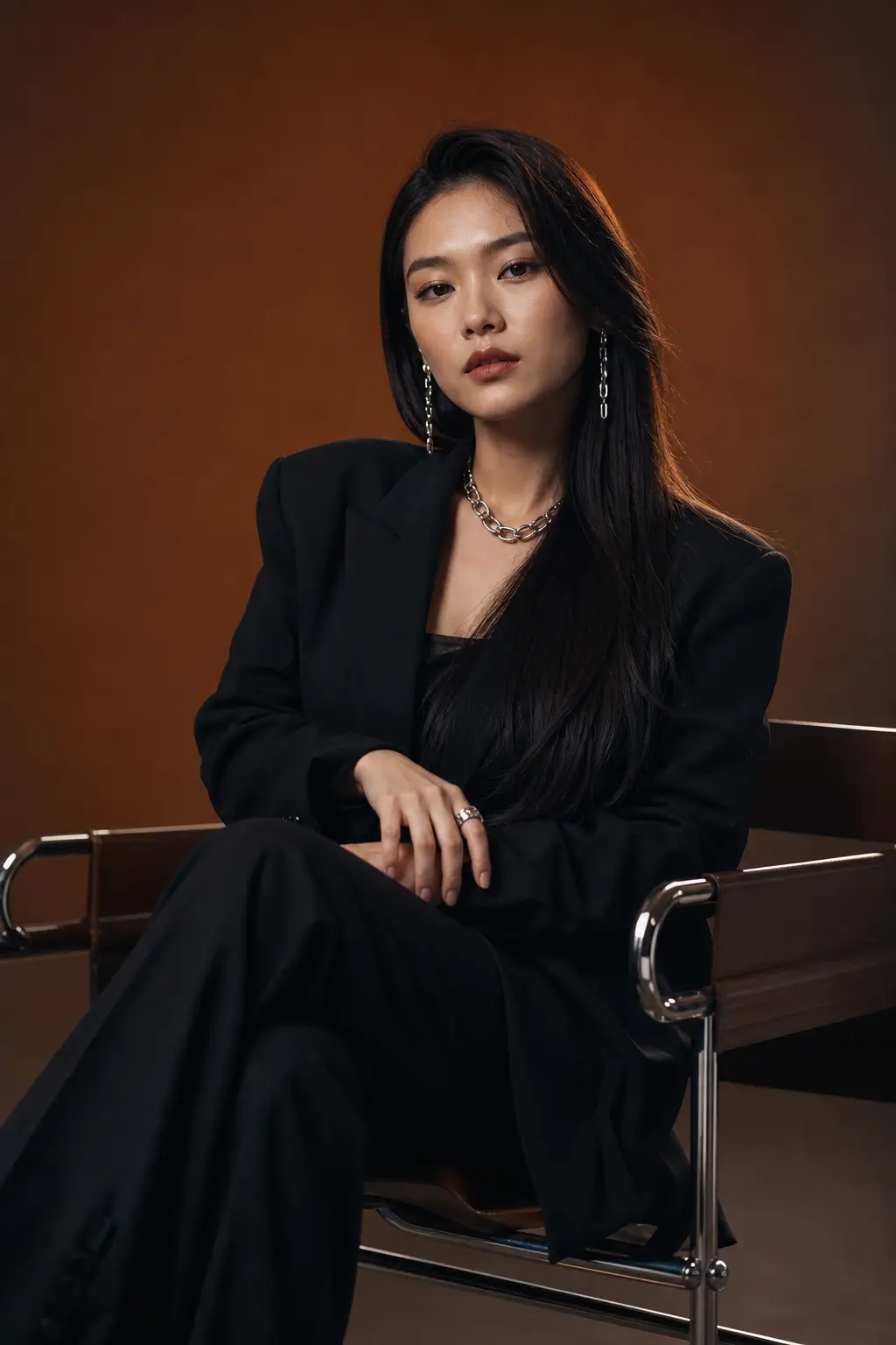 AI-generated editorial portrait of a woman in a tailored black suit seated in a luxury studio environment.