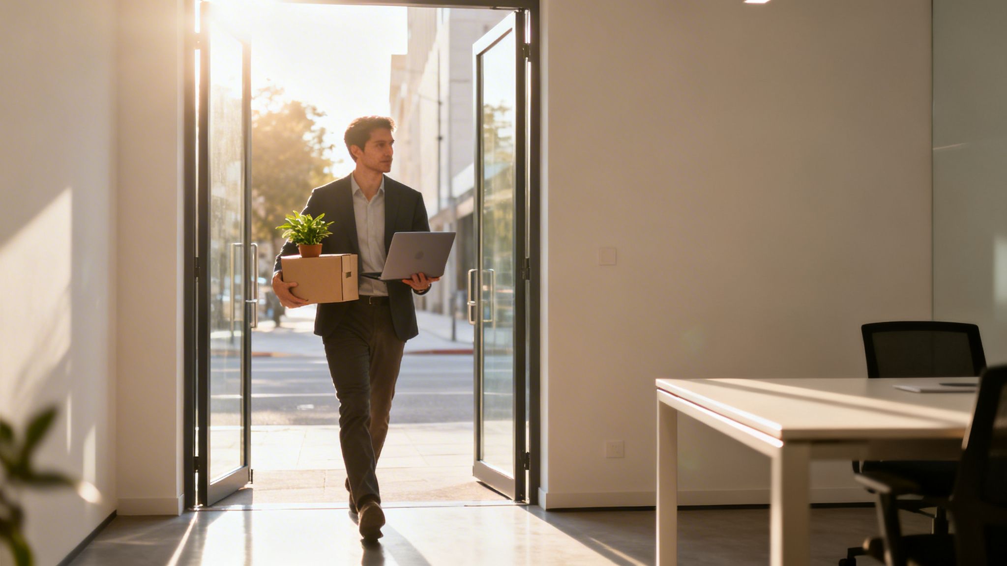 En mann bærer en flytteeske med en plante og en laptop inn i et solfylt kontor.