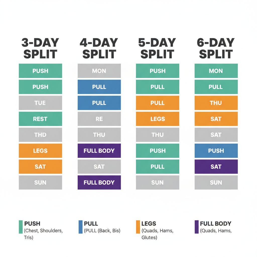 Workout split comparison diagram showing 3-day to 6-day training schedules