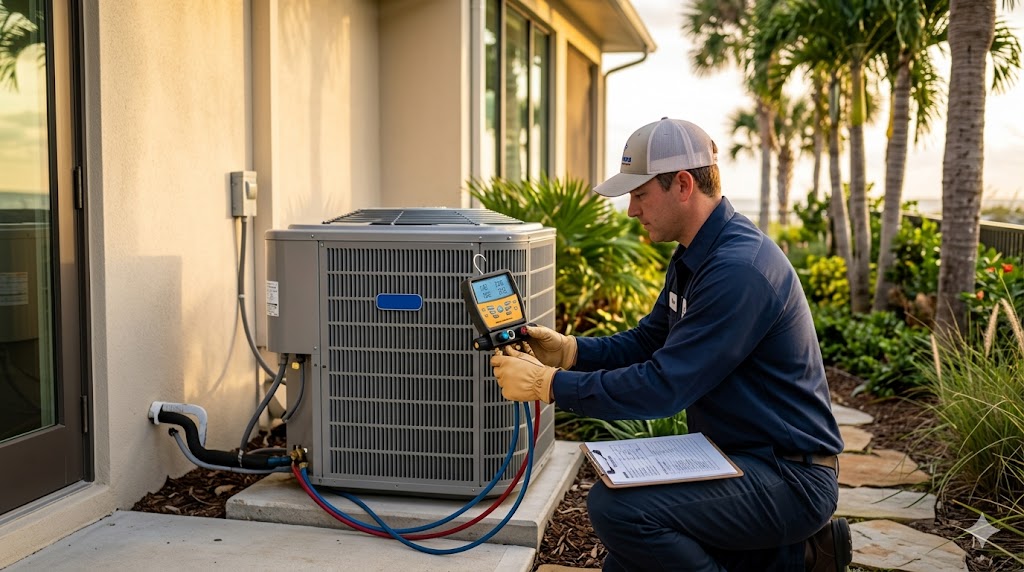 HVAC technician checking refrigerant pressure on an outdoor AC unit during a tune-up