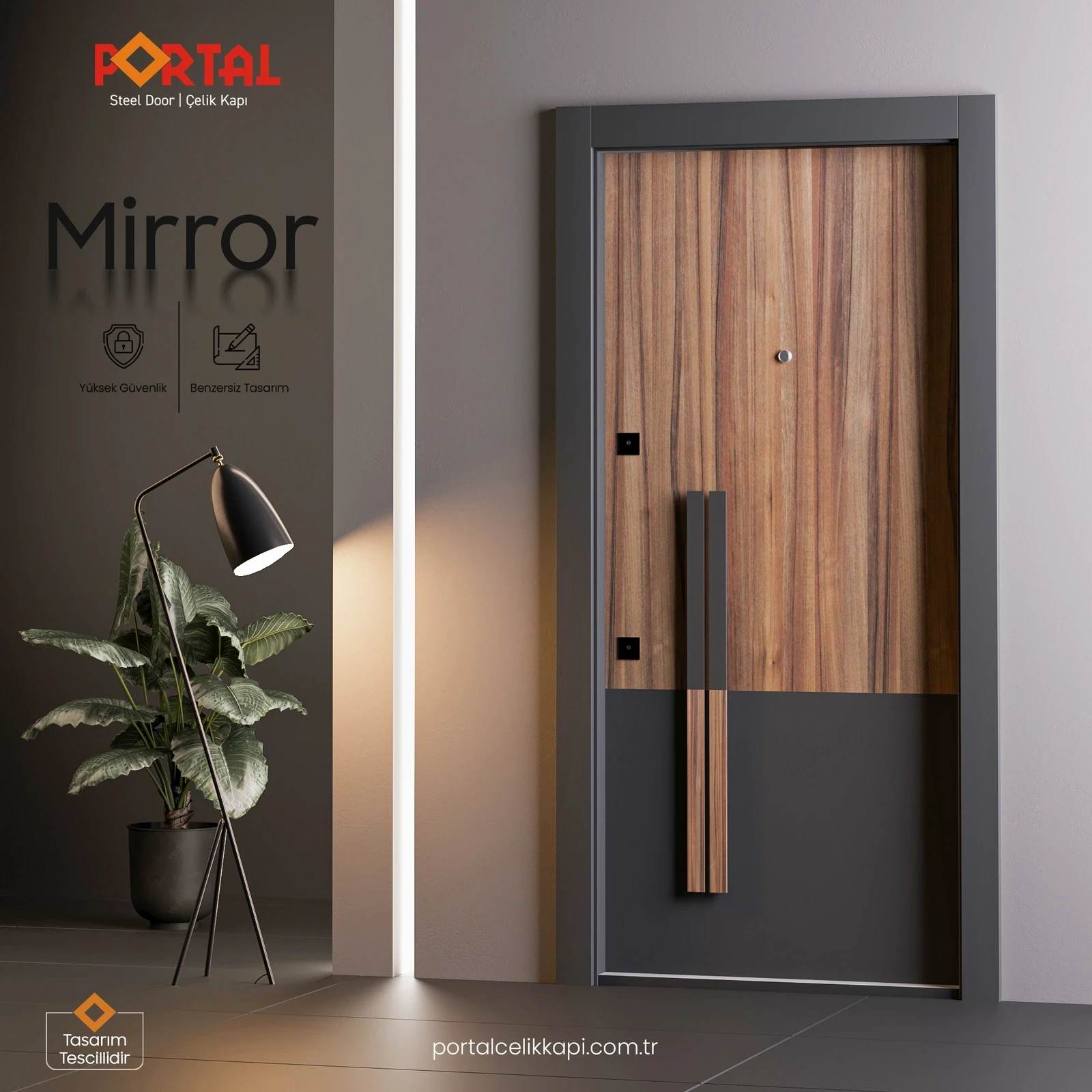 Portal Door Mirror steel door visualisation presented in a warm contemporary residential entrance.