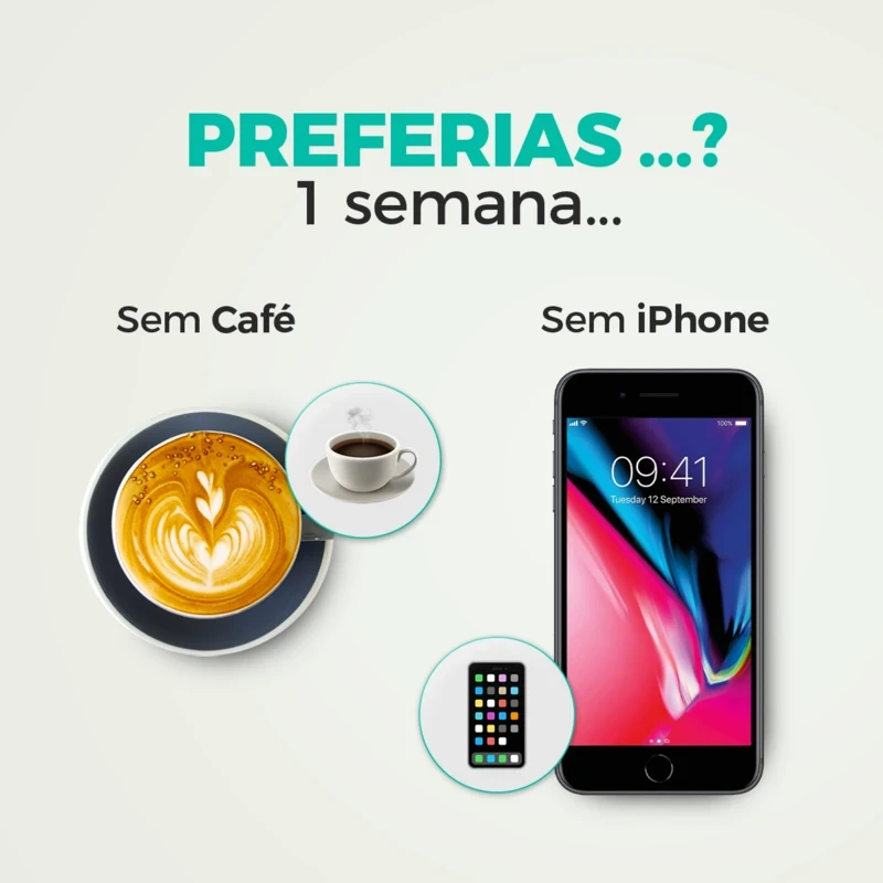 Social media post for SellPhones with a coffee emoji and an iPhone