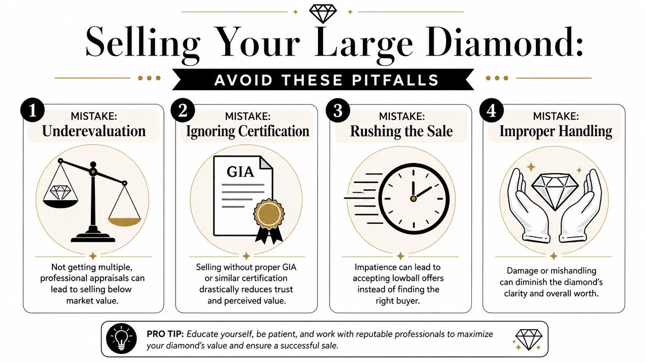 An infographic titled Selling Your Large Diamond outlining four common mistakes to avoid during the sale process.