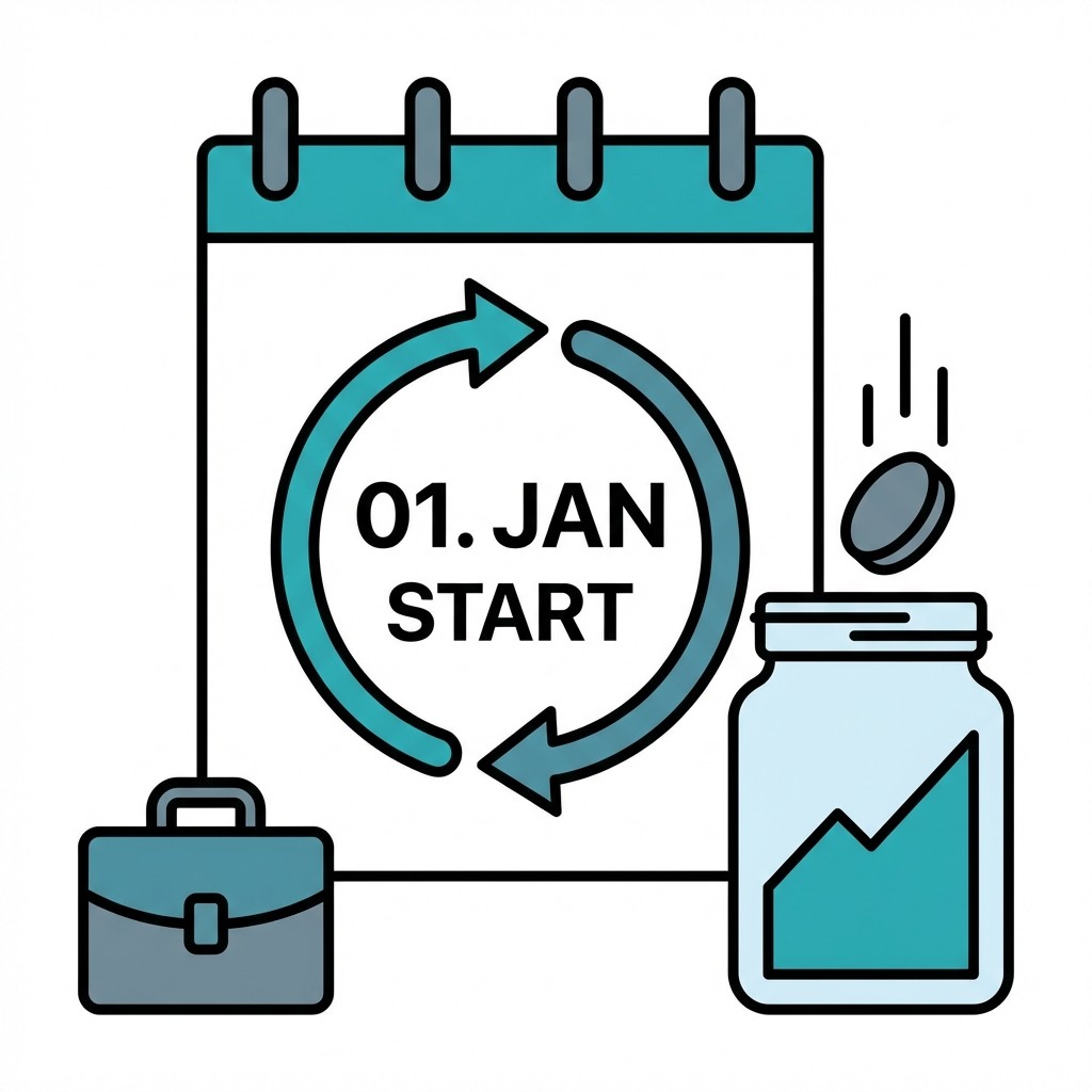 Grafik: Aus einem Kalender mit abgehakten Tagen fallen Münzen in ein blaues Sparschwein.