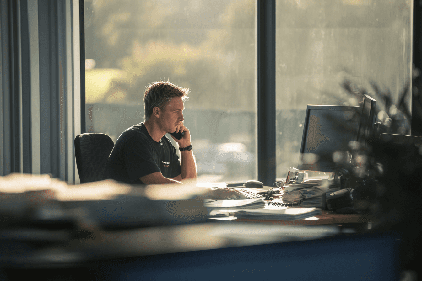 employee sitting at desk on the phone