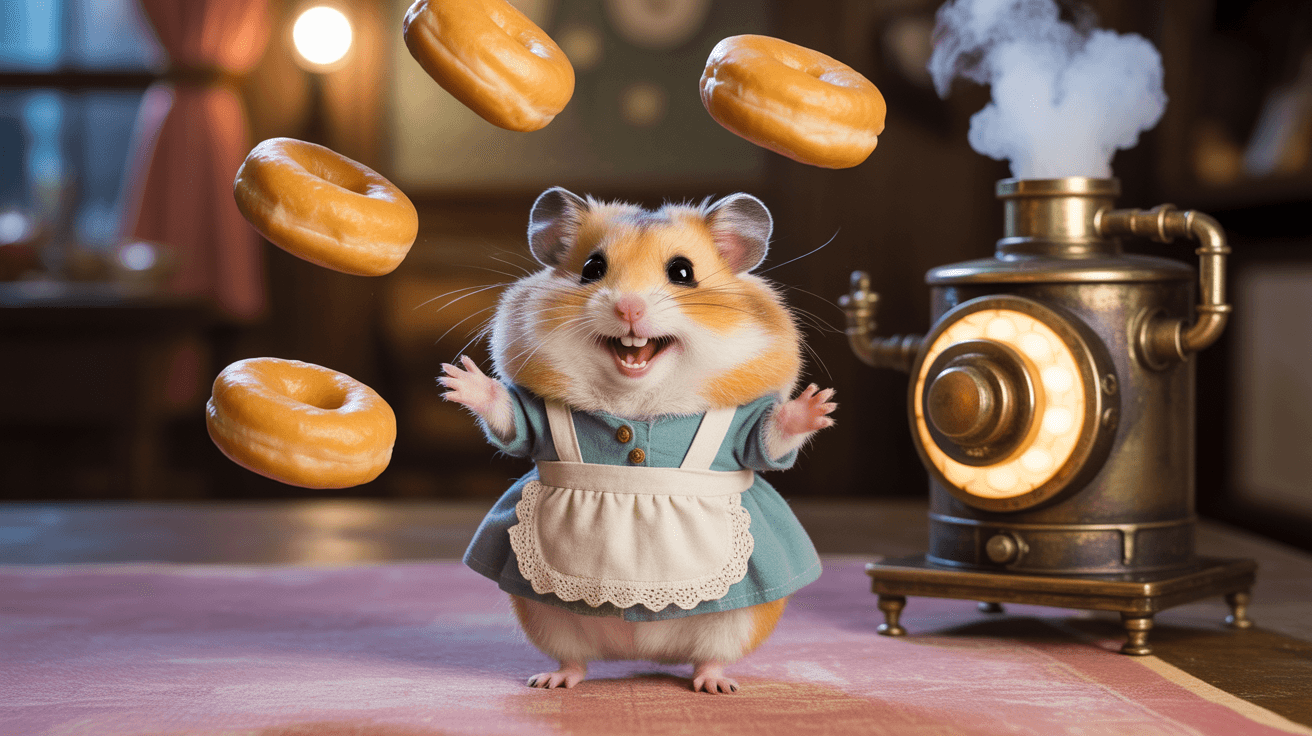 Smiling hamster in teal dress surrounded by flying donuts in warm whimsical room