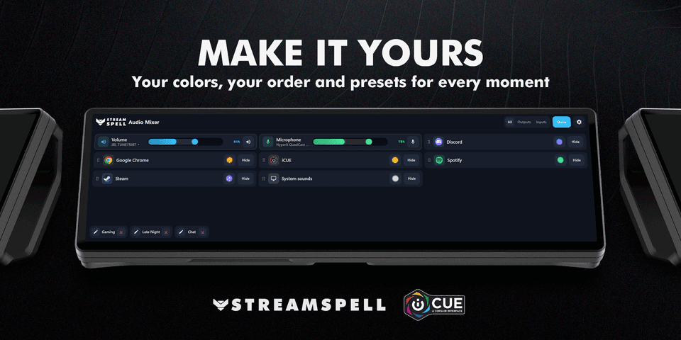 App colors, ordering and saved presets personalize the Audio Mixer layout — official product preview