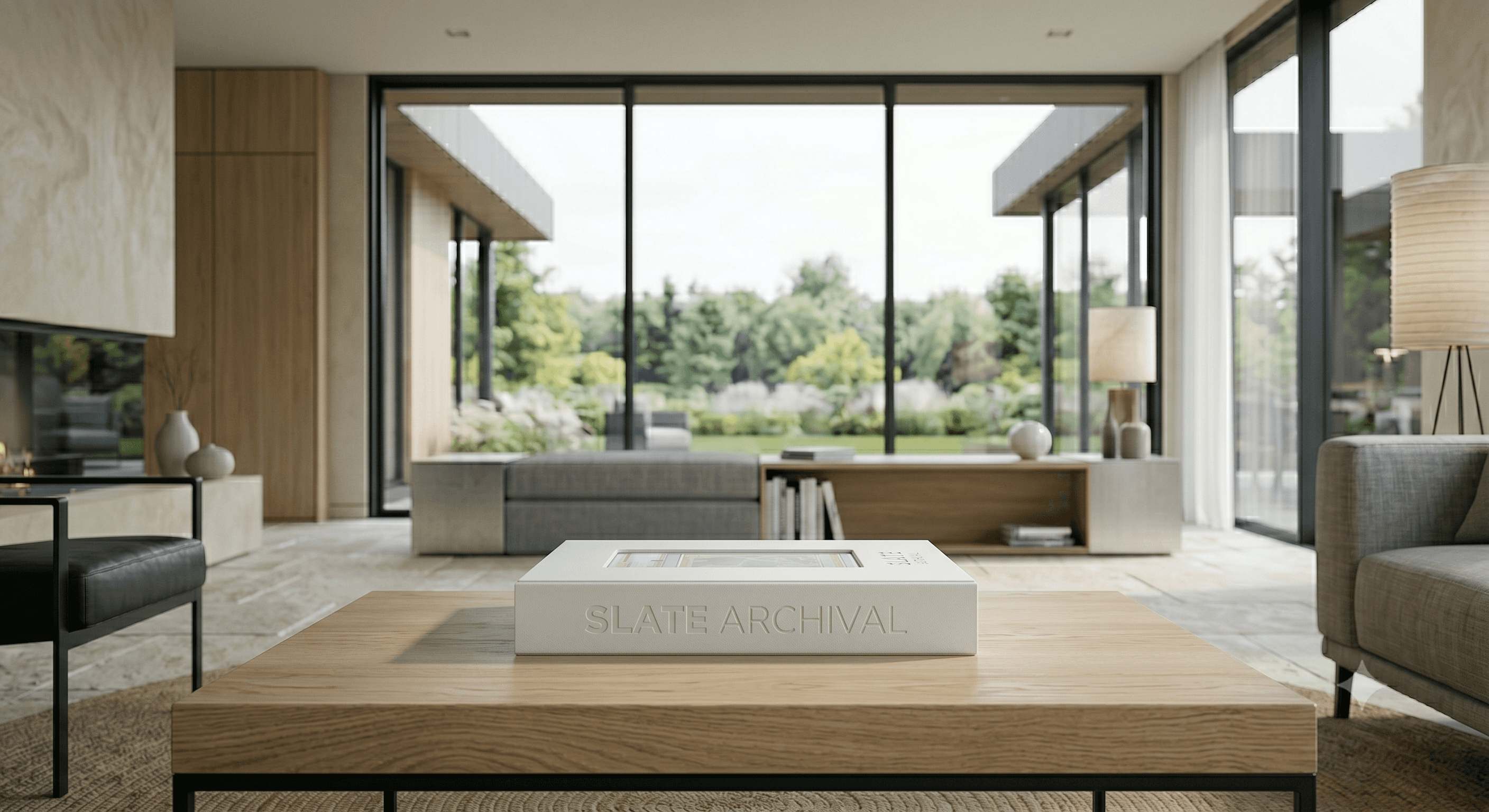 Minimal luxury interior with a concrete coffee table for Slate Archival product presentation