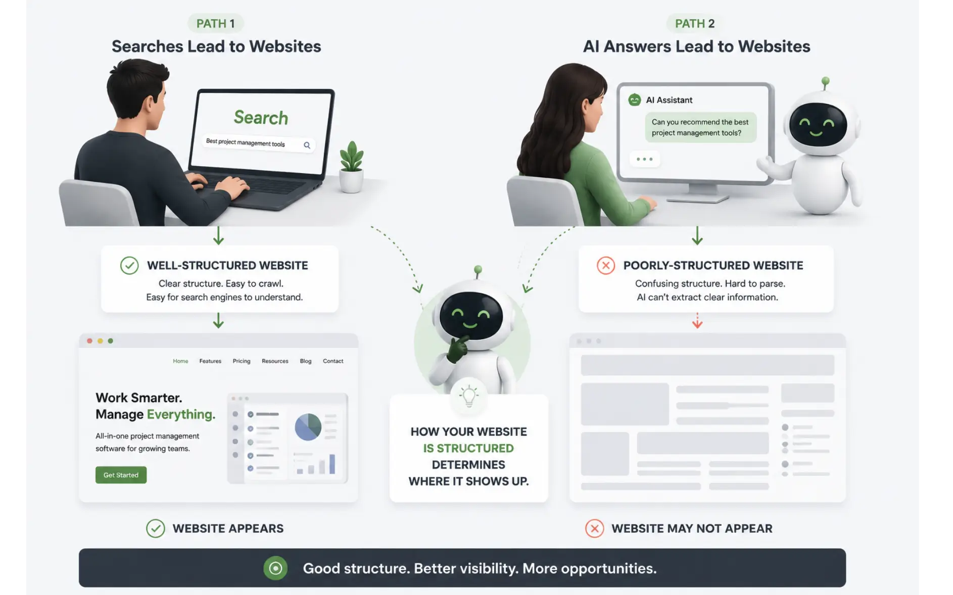 Diagram showing that website structure affects visibility, comparing well-structured sites that appear in AI answers with poorly structured sites that may not.