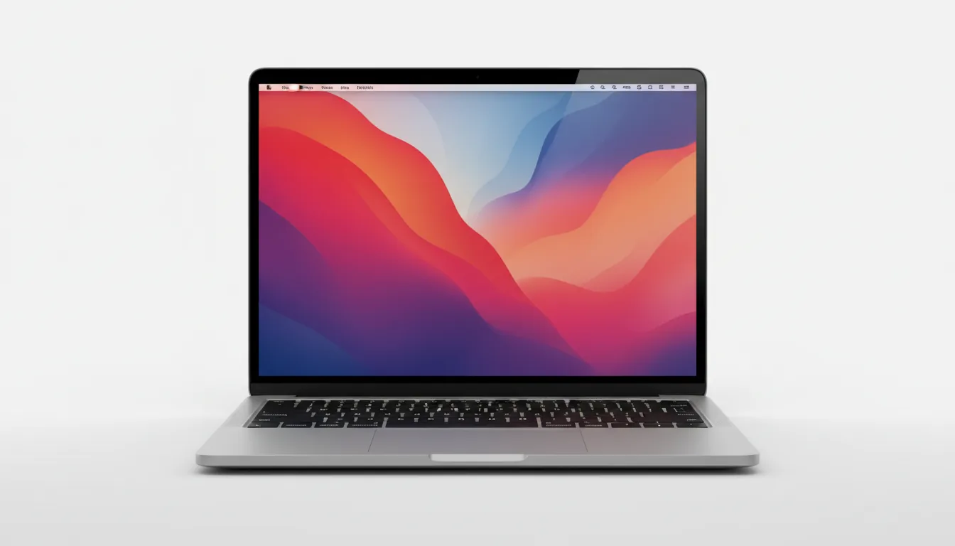 Product photograph of a silver Apple MacBook Air, open and facing forward, centered on a stark white background. The screen is on, displaying a vibrant, abstract wallpaper with smooth, flowing waves of red, orange, magenta, and blue. Captured with soft studio lighting, ultra-realistic, sharp focus on the matte aluminum chassis.