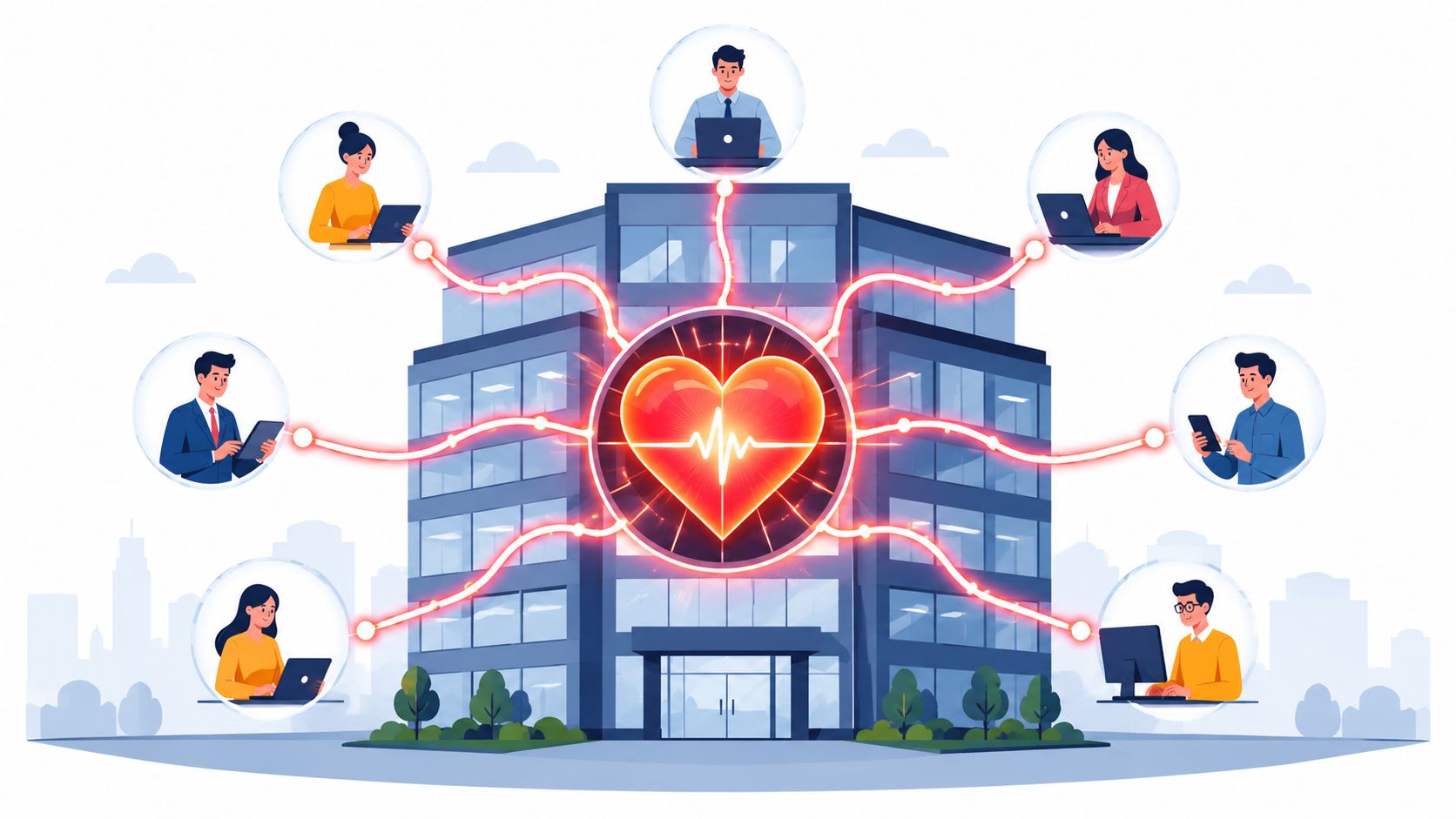 A central building icon with a glowing heart and connections to people working on digital devices.