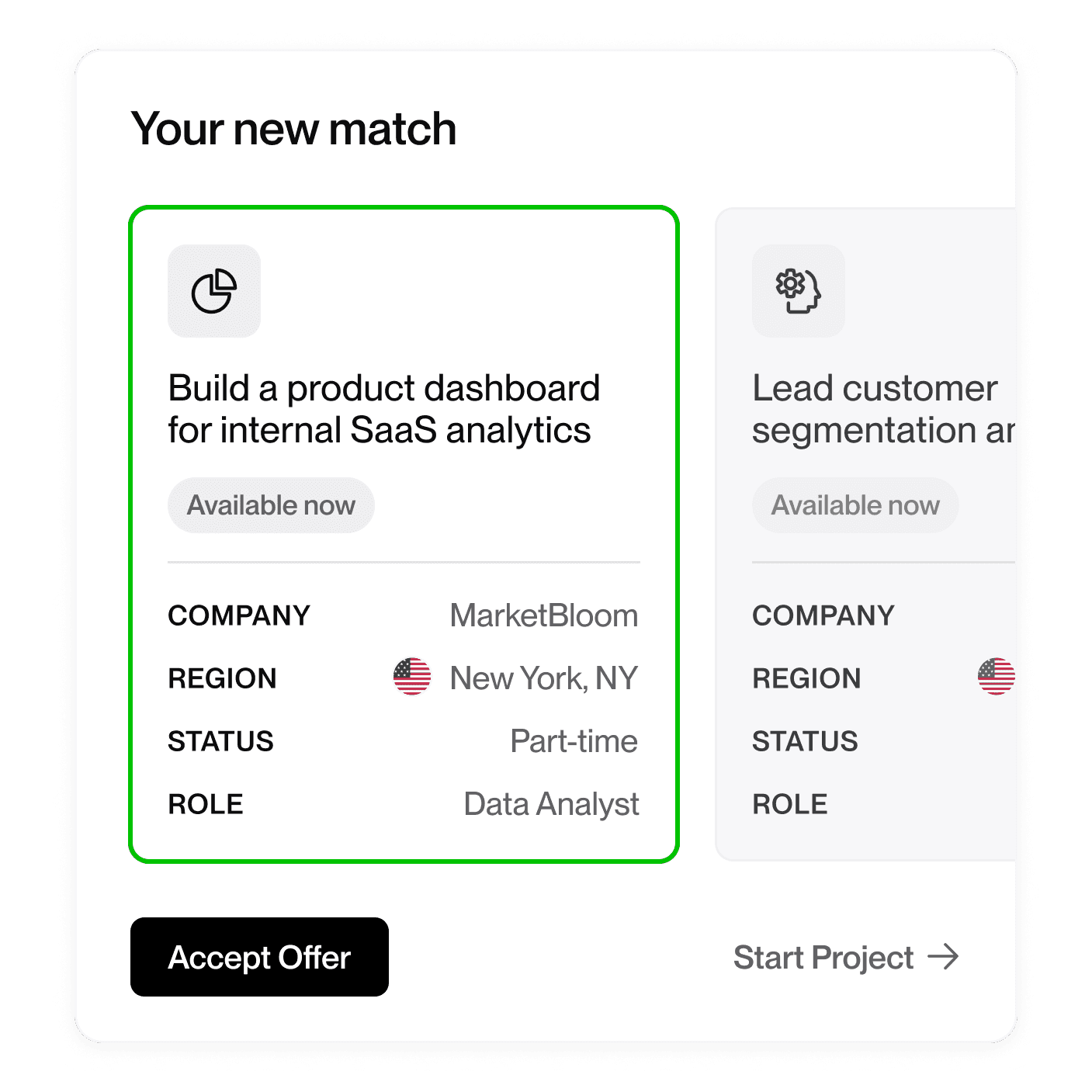 Job match card showing project to build a product dashboard for SaaS analytics with company MarketBloom, role Data Analyst, part-time status, and accept offer button.