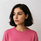 A woman wearing a pink sweater stands smiling, showcasing her casual and stylish outfit.
