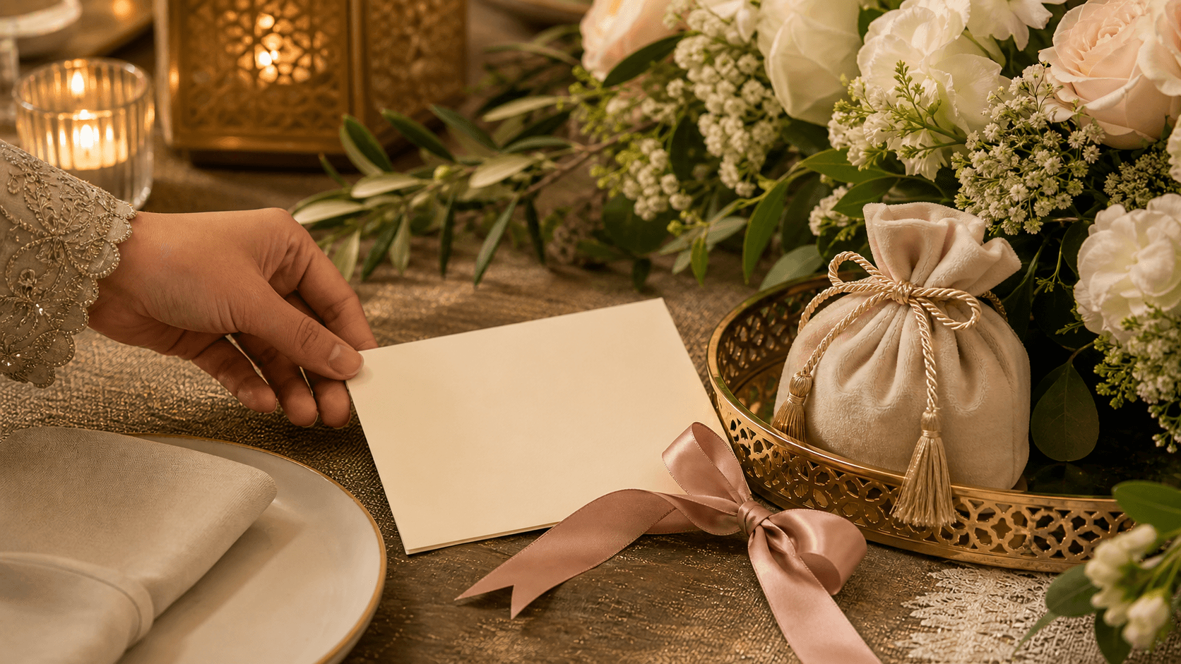 A blank Islamic wedding blessing card beside a keepsake pouch and florals on a warm walima table