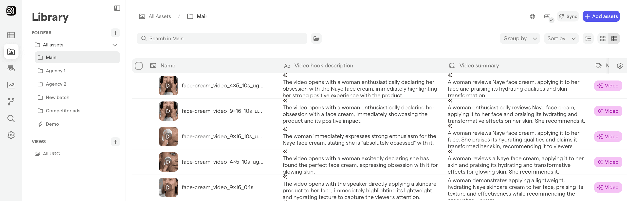 screenshot of Focal's platform showing a few videos with AI autofil information filled in