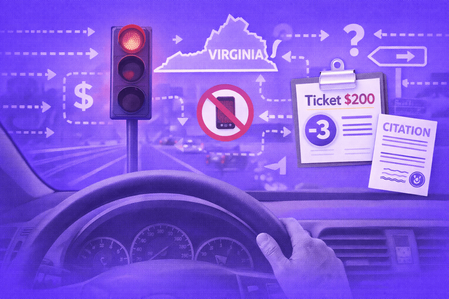 Virginia red light ticket fines, DMV points, and citation illustration