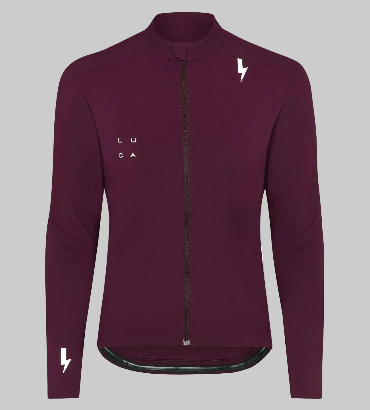Front-view-of-a-burgundy-long-sleeve-full-zip-cycling-jersey-with- the-LUCA-logo-and-a-white-lightning-bolt-on-the-chest