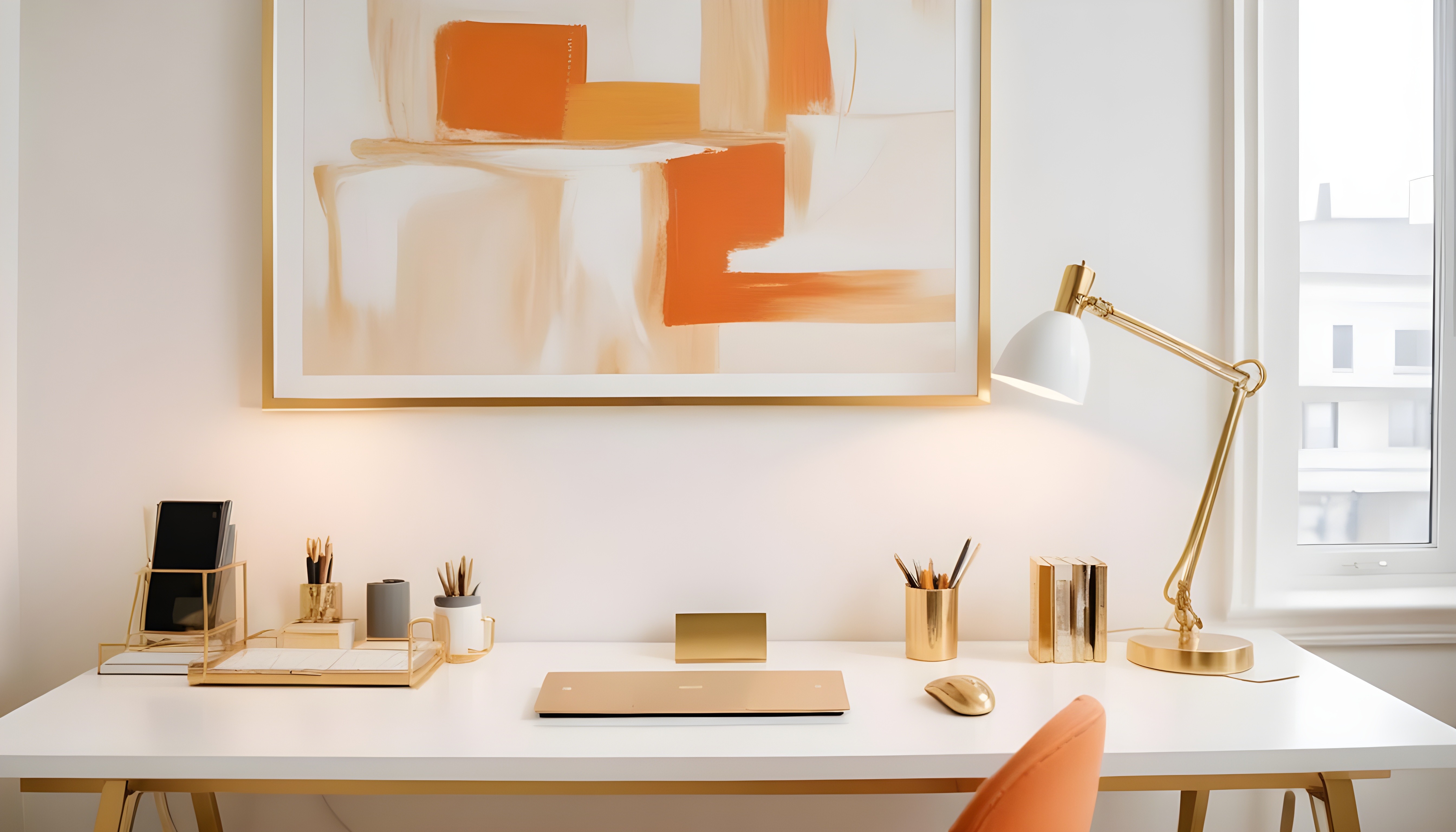 minimal white office, with an orange accent