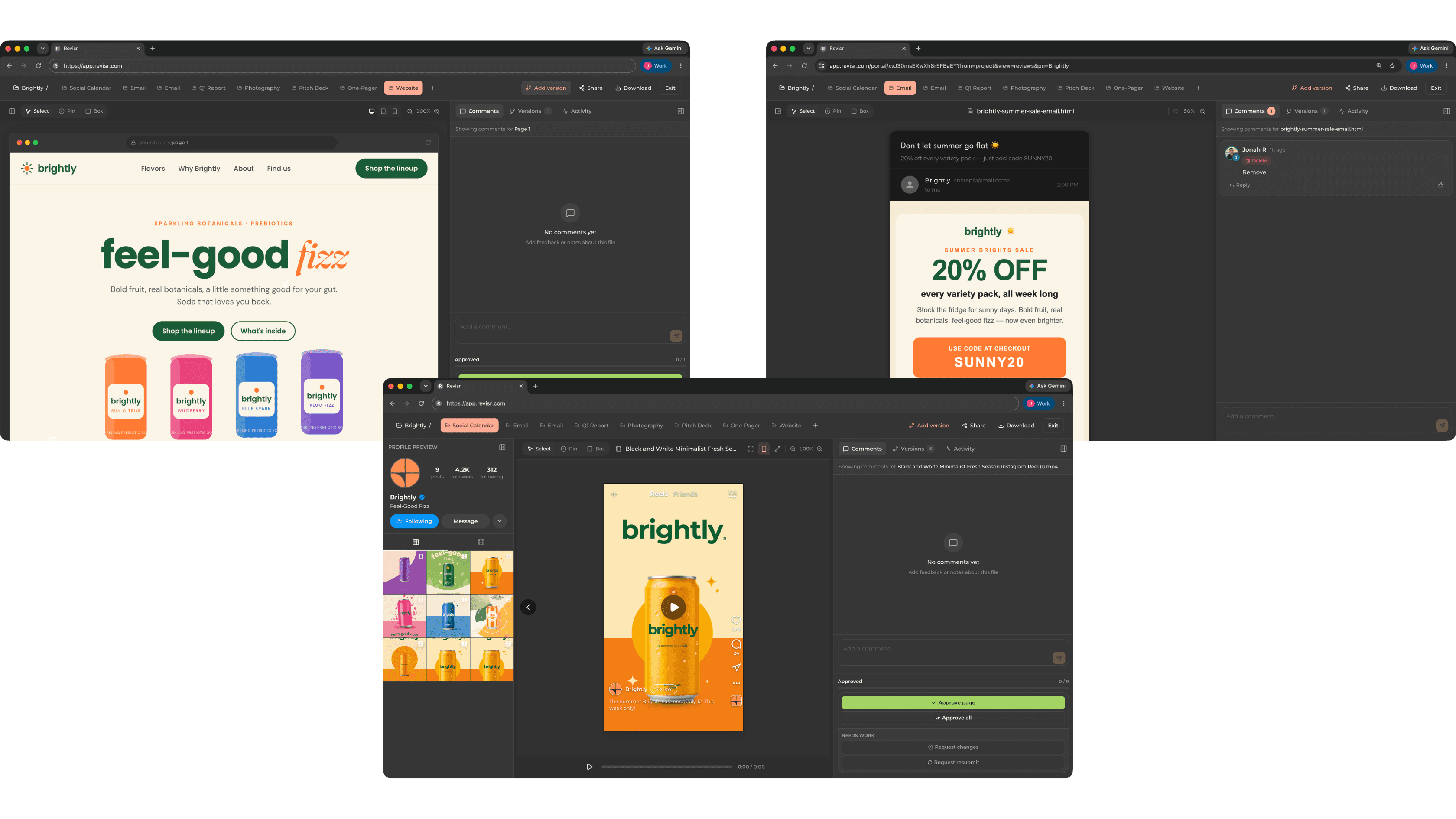 Multiple views of the Revisr platform and reviewing different assets