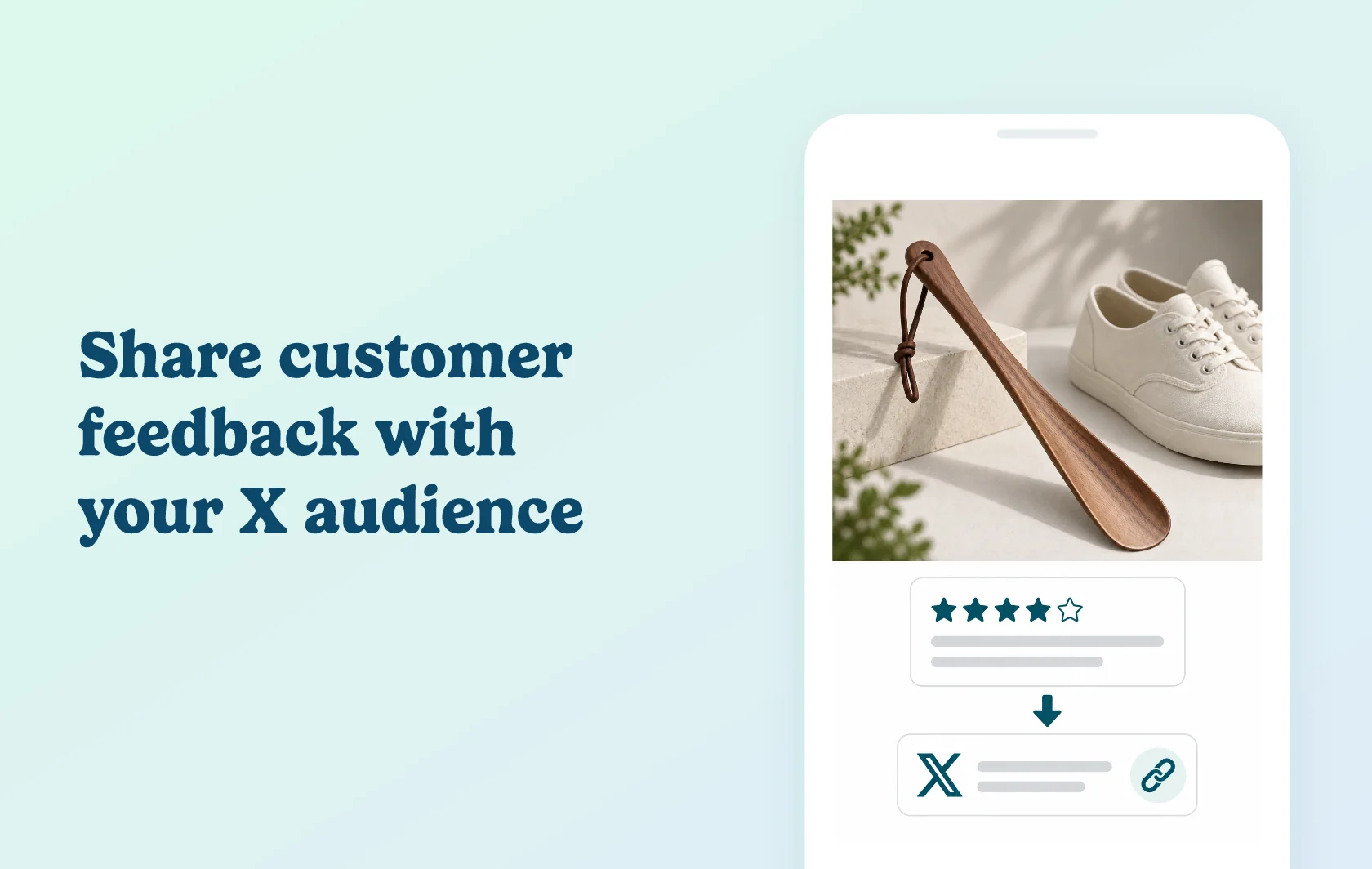 Judge.me and X Social Sharing integration: illustration of a customer review becoming an X post with a product link.