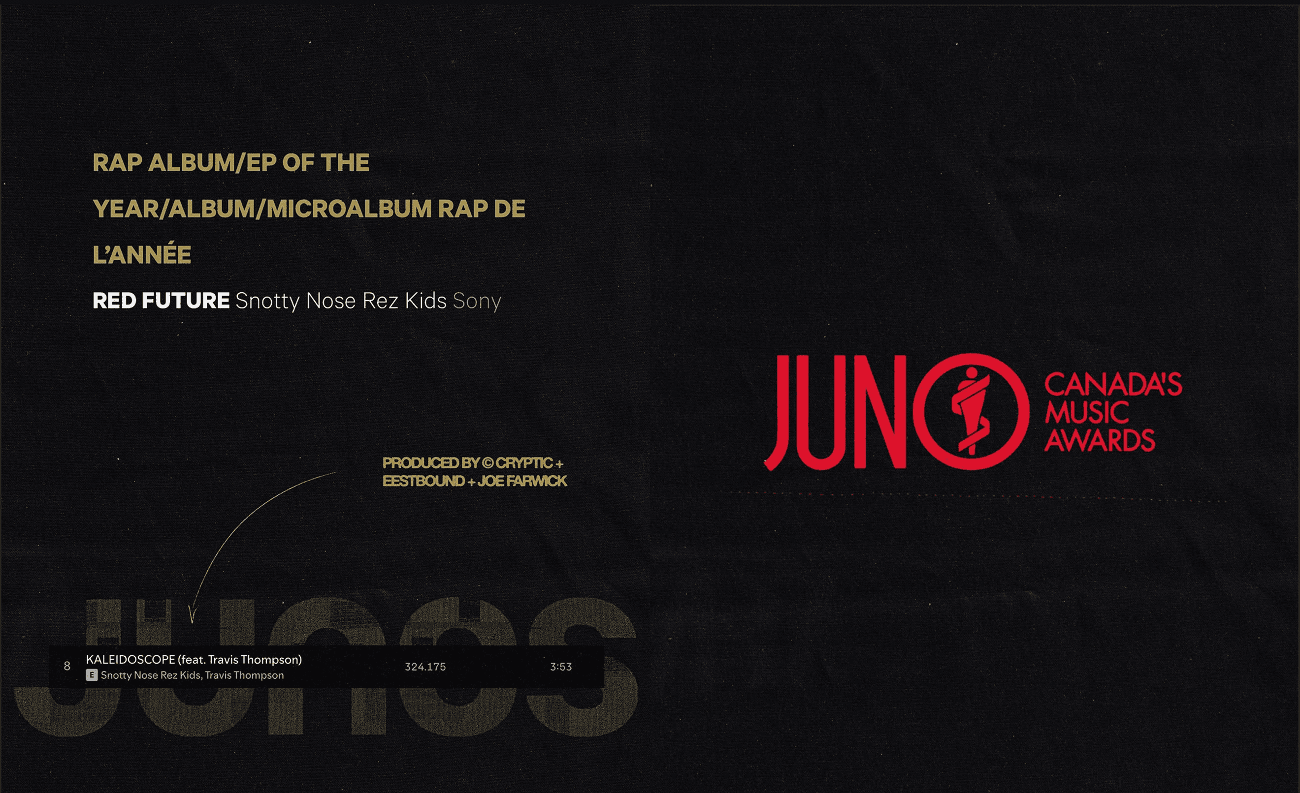JUNO Awards page listing Red Future by Snotty Nose Rez Kids as Rap Album/EP of the Year, with the track Kaleidoscope produced by Cryptic, Eestbound and Joe Farwick