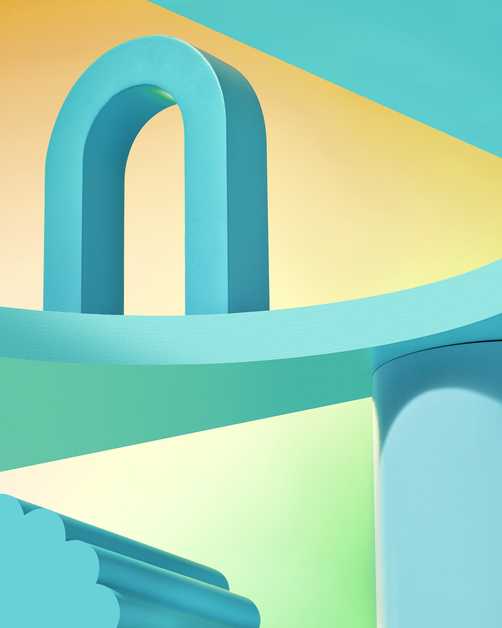 Abstract geometric shapes in vibrant blue and green tones with a gradient background.