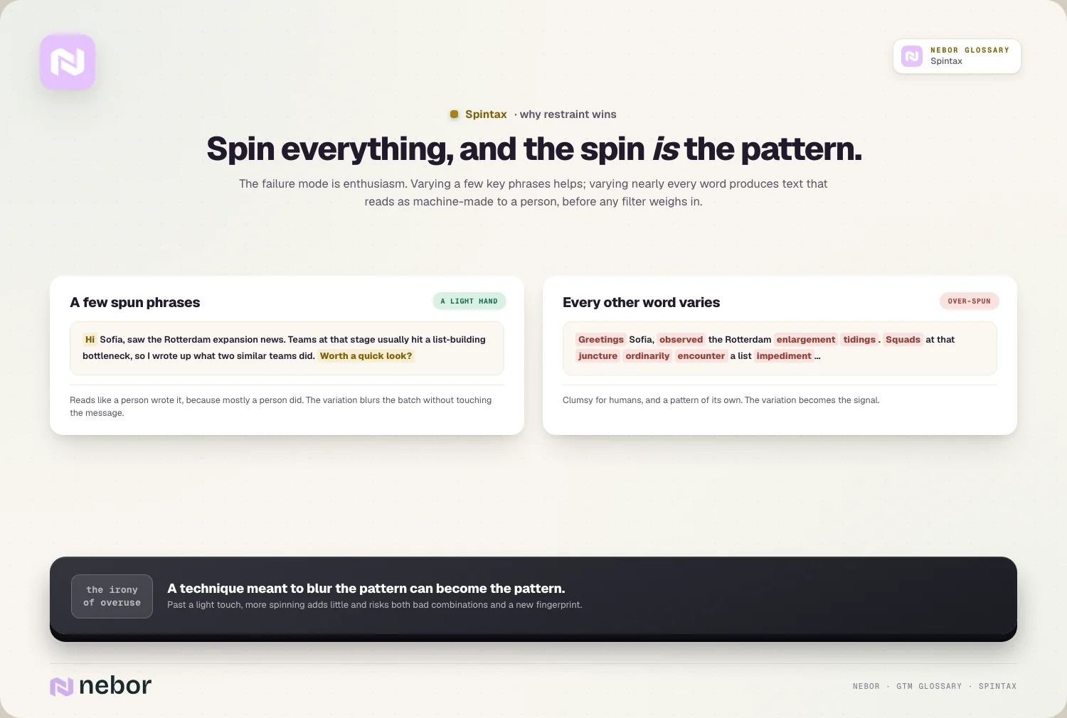 A lightly spun email that reads naturally next to an over-spun one with odd synonyms in every line, illustrating how overusing spintax backfires