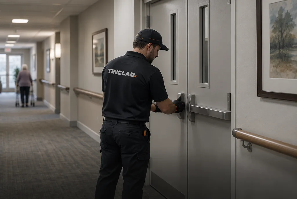 Tinclad technician latching a smoke door in a senior living corridor.